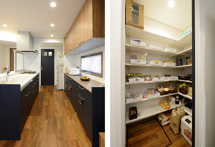 写真：（左）対面キッチン奥の扉、（右）大容量のパントリー内