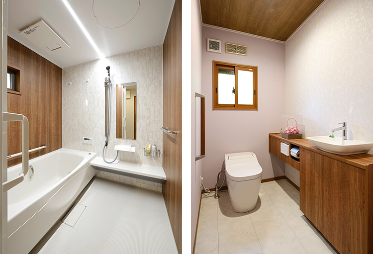 写真：（左）浴室、（右）カウンター付トイレ